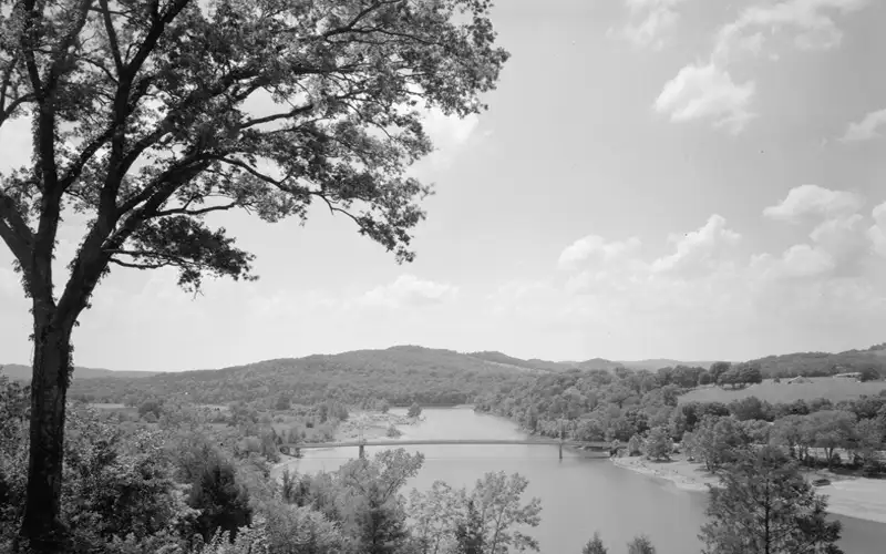 Old black and white photo of the lake and bridge at Beaver Arkansas